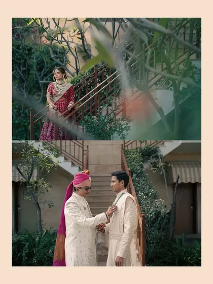 A creative collage showing the bride looking on as the groom gets ready, telling a story of two separate paths about to merge into one.