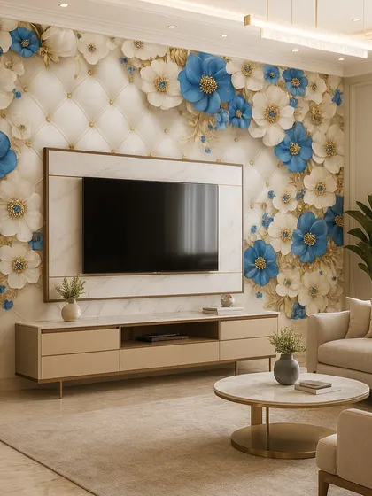A luxurious TV wall featuring a 5D wallpaper with blue and white flowers on a quilted texture background. The gold accents and marble frame around the TV complete this high-end look.