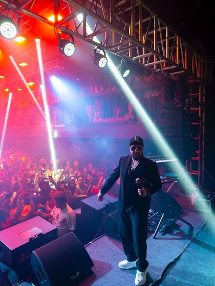 Mika Singh on stage, looking out at the crowd. This shot captures the artist's perspective and the energy they receive from a packed house.