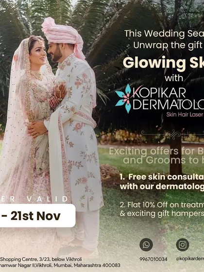 This wedding season, we offered special packages for brides and grooms to be. This promotional graphic highlights our offers, including free skin consultations and discounts on treatments like Hydrafacials and Party Peels.
