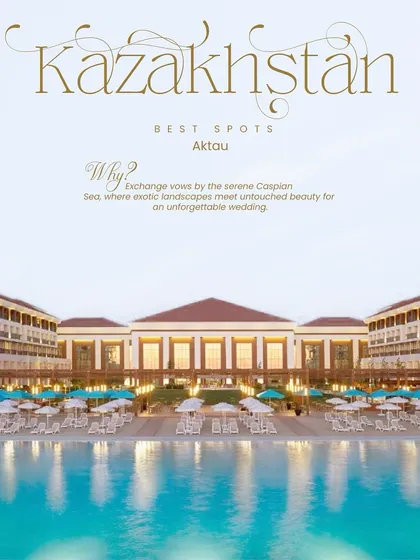 Exchange vows by the serene Caspian Sea in Kazakhstan. I explore untouched landscapes and exotic locations like Aktau to find the perfect spot for your unforgettable wedding.