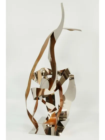 From the "Drunken DNA" series, this freestanding sculpture combines twisting ribbons of stainless steel and bronze into a chaotic, energetic form.