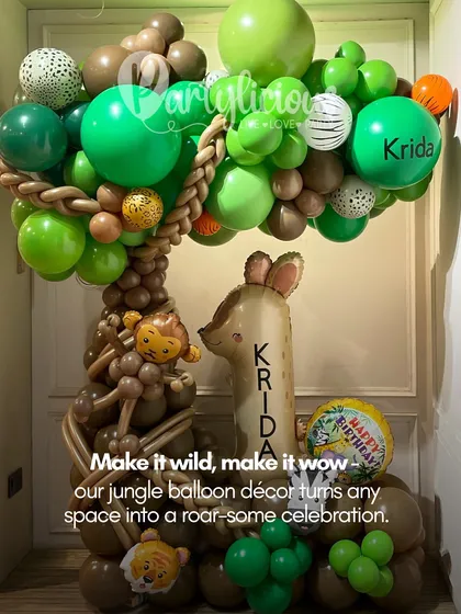 This jungle-themed balloon bouquet is a party in itself. We created a lush balloon tree with a personalized deer balloon, making it a perfect centerpiece or a standalone gift for a little animal lover's birthday.