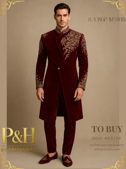 For this piece, I chose sumptuous dark maroon velvet to create a truly majestic Angrakha-style Indo-Western suit. The rich texture of the velvet is complemented by delicate golden floral embroidery on the shoulders and cuffs, making it a perfect choice for a winter wedding groom.