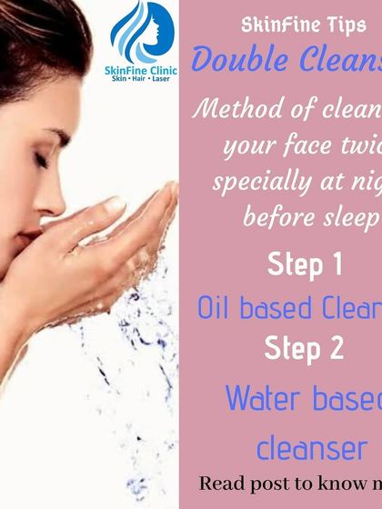 An explanation of the double cleansing method. Using an oil based cleanser followed by a water based one effectively removes makeup, sunscreen, and impurities.