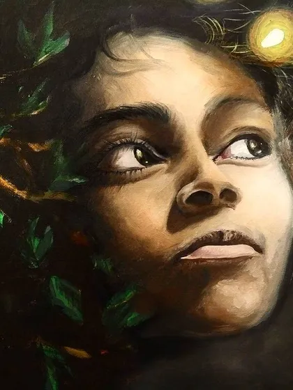 A work-in-progress shot of 'Fireflies'. Here, you can see the layering process I use to build up light, creating the soft glow of the fireflies and the gentle highlights on the face.