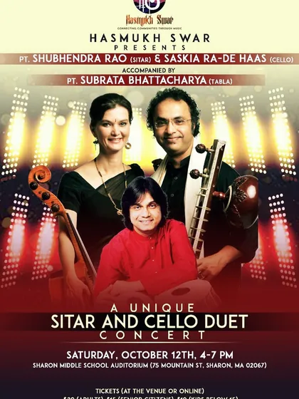 A poster for our unique sitar and cello duet concert in Boston. We love performing in cities with such a rich appreciation for music and the arts.