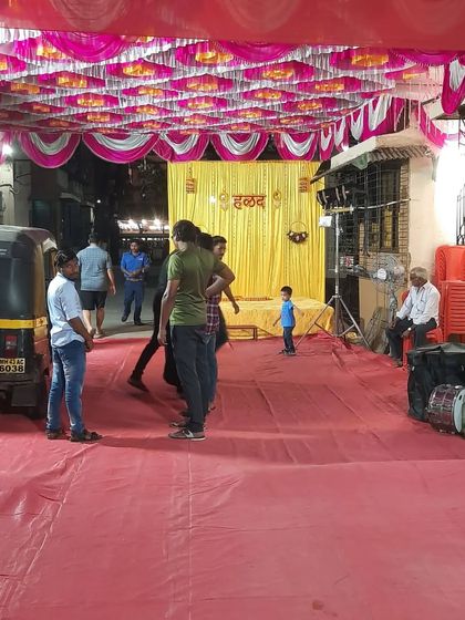 A behind the scenes shot of the Haldi stage and seating area before the main event starts.