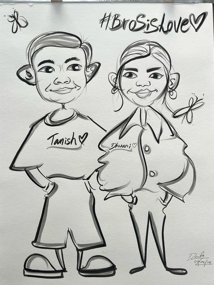 A "BroSisLove" caricature. These full-body drawings are great for capturing the fun dynamic between siblings.