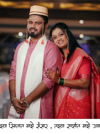 "In your smile is my world, in your touch is my salvation." This portrait of Sagar and Shraddha captures the poetic romance of a Maharashtrian wedding day, with the bride leaning gently on her groom.