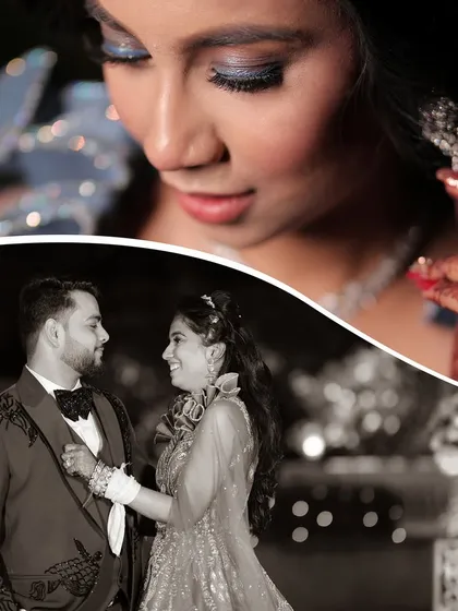 A collage blending a close-up of the bride's makeup with a romantic black and white shot of the couple.