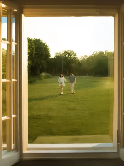Walking into their future, framed by the present. This shot, taken through a window, shows the couple holding hands and walking across a wide-open lawn, symbolizing their journey together.