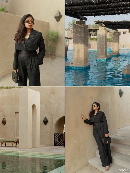 A collage showcasing the bride-to-be's style, with solo portraits set against the resort's architecture and pool.