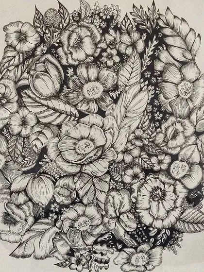 Art is about finding and losing yourself. This large, detailed floral ink pen drawing was a meditative piece that shows the intricate line work I can achieve for custom illustrations.
