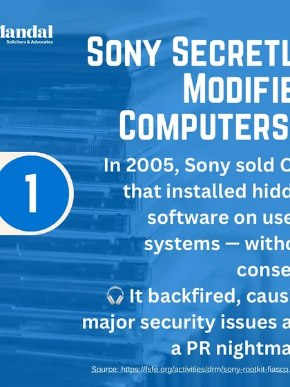 In 2005, Sony sold CDs that installed hidden software on users' computers without consent, leading to major security issues and a PR nightmare. This case highlights the legal risks of digital rights management.