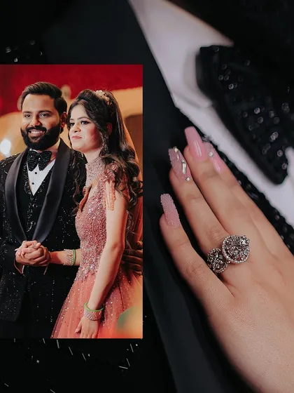 A stylish collage from an engagement night. It showcases the couple's elegant look and a close-up of the stunning engagement ring, telling a story of glamour and commitment.