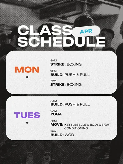 Kicking off the week strong with our April schedule. Mondays and Tuesdays feature a mix of Boxing, Push & Pull strength days, Yoga, and Kettlebell Conditioning.