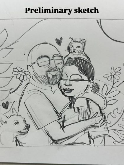 The first step in my process is always a preliminary sketch. This is where I map out the composition for a custom portrait, ensuring all the elements, including the pets, fit perfectly.