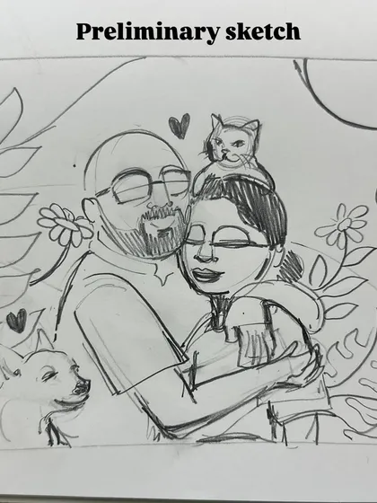 The first step in my process is always a preliminary sketch. This is where I map out the composition for a custom portrait, ensuring all the elements, including the pets, fit perfectly.