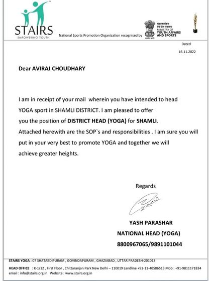 I am humbled to be entrusted with the responsibility of District Head (Yoga) for Shamli by the National Sports Promotion Organisation, a step towards promoting yoga for all.