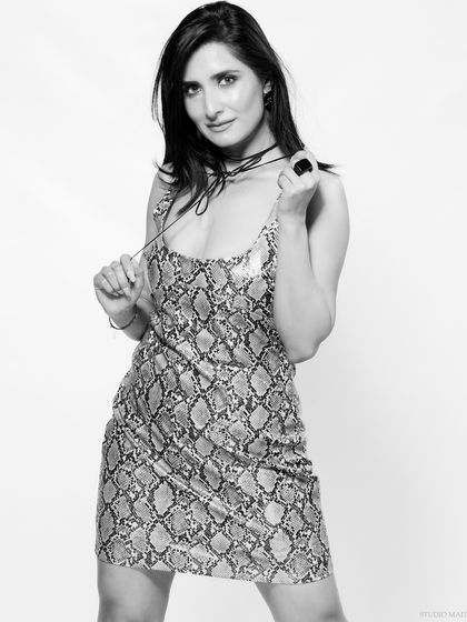 A black and white version of a three-quarter portrait, for a classic and timeless look.