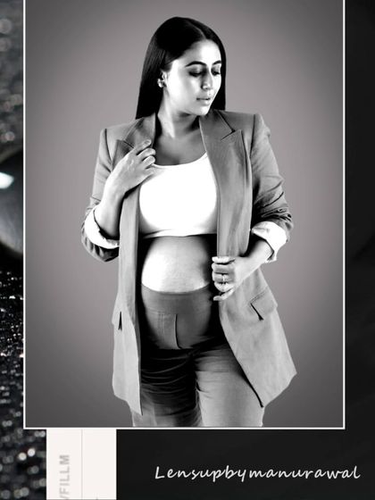 A creative black and white collage featuring a modern suit. This artistic composition highlights the chic styling and the powerful silhouette of the mother-to-be.