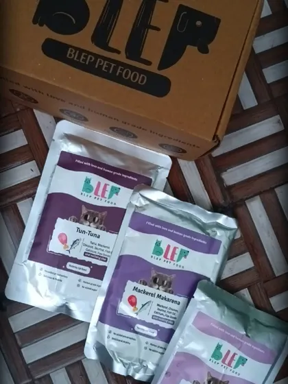 A flat lay of our cat food pouches and the BLEP box. We offer a variety of fish-based flavors like Tuna, Mackerel, and Sardines that cats naturally love.