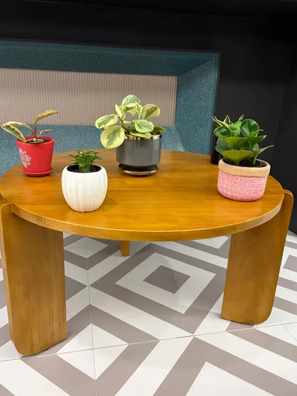 I love creating small plant arrangements for meeting spots and coffee tables. This group of four different small plants in unique pots adds a nice, natural centerpiece to this modern office lounge area.