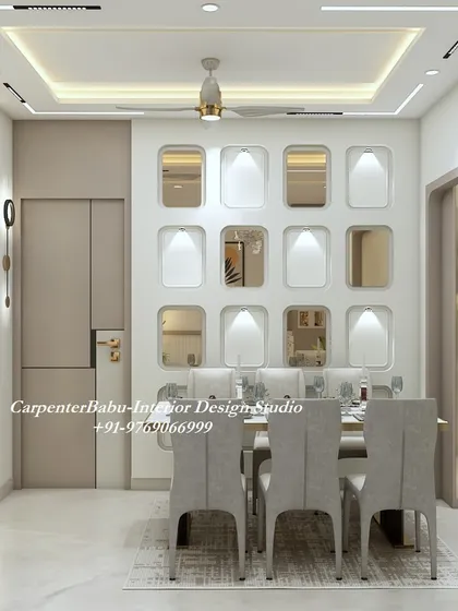 A creative dining room wall featuring a grid of niches, some with mirrors and others with backlighting. This design is not only decorative but also helps to make the space feel larger.