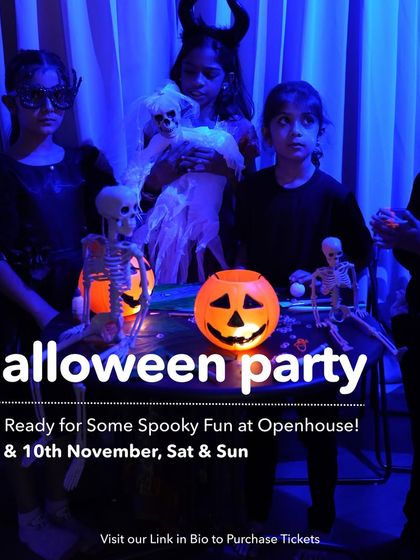 Get ready for some spooky fun! Our Halloween party poster features kids in costume, ready for a night of glow-in-the-dark painting and mystery box challenges.