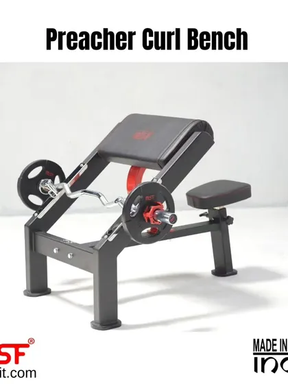 A side view of the Preacher Curl Bench with a barbell. Its compact design is perfect for any gym space.