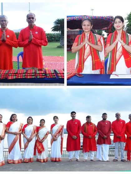 A group of our dedicated volunteers in red and white, who help organize and facilitate our large-scale events like the Fire Meditation in Vijayawada.