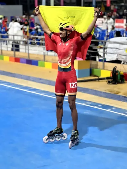 From our academy to the world stage. We train champions across all disciplines, like India's fastest skater, Dhanush Babu, seen here celebrating another victory. We build the speed and power needed to compete at the highest level.