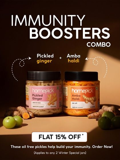 Boost your defenses with our Immunity Boosters Combo. This pair of oil-free pickles, Pickled Ginger and Amba Haldi, is specifically designed to help build your immunity during the colder months.