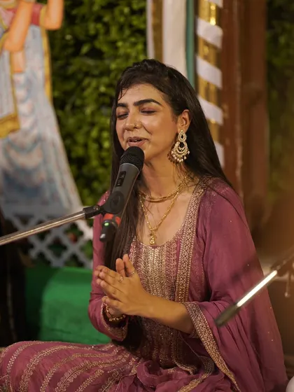 In the divine presence of Shri Radha Raman Laal Ji in Vrindavan, completely lost in his seva. Moments like these are pure kripa. This is the deep, soulful connection I bring to more intimate bhajan sandhyas and private gatherings, where every note is a heartfelt offering.