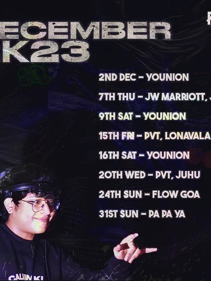 A crazy December to end 2023. Eight shows, including gigs in Lonavala and Goa, plus a New Year's Eve bash.