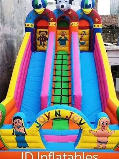 This 14x23 foot 3-slider bouncy features a Chhota Bheem theme, a popular choice for parties in India.