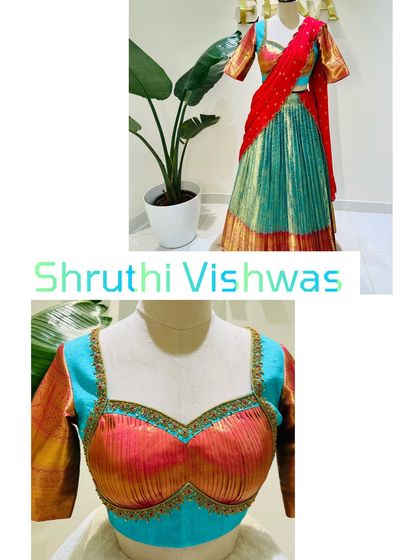 My client Shruthi Vishwas trusted me with multiple outfits for her special occasion. Here she is in a custom Langa Voni and a close-up of her unique pleated bustier blouse, both designed to perfection.