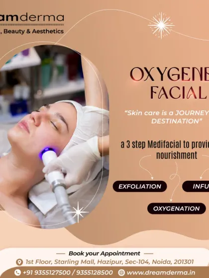 The Oxygeneo Facial is a 3-step medi-facial that provides deep nourishment through exfoliation, infusion, and oxygenation for revitalized skin.