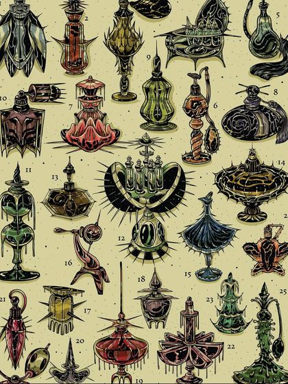 A close-up of my 'Herfumes' poster, showing the variety of 25 unique, creature-like perfume bottle designs.