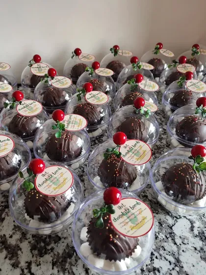 These are my hot chocolate bombs, a fun and interactive treat for the holidays. Each chocolate sphere is filled with cocoa mix and marshmallows and comes individually packaged, making them perfect for gifting.
