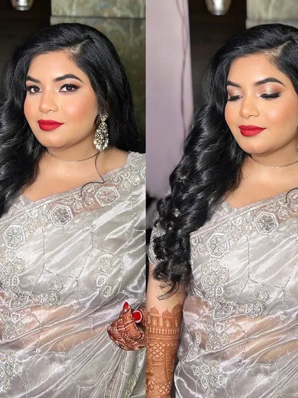 A dual shot showing the bold red lip from different angles. It's a statement look that exudes confidence and timeless elegance.