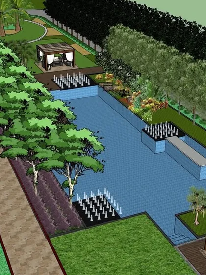 A 3D rendering of the same master plan, bringing the design to life. This visualization shows the pool area with a bar, cabanas, and extensive plantings, giving the client a clear and realistic preview of the final project.