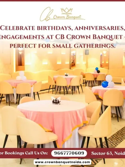 We are perfect for intimate gatherings like birthdays, anniversaries, and engagements. The hall is arranged with round tables and modern chairs, creating a cozy yet elegant atmosphere for you and your guests.