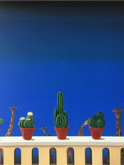 Another piece from Suchender P's series, juxtaposing desert cacti with giraffes against a stark blue sky. His work consistently plays with expectations and creates a unique, surreal atmosphere.