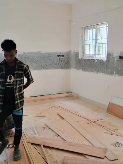 The start of a new project at Adithya Rica Apartments. Our team is on-site, beginning the woodwork and planning the layout for a new 2BHK interior design project.