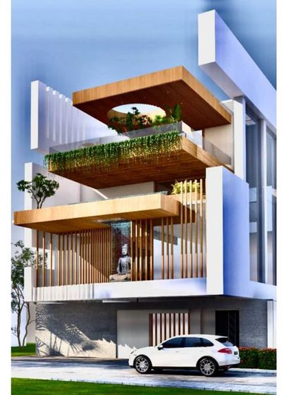 This conceptual design for a modern villa explores vertical living with stacked, cantilevered terraces. Each level features its own green space, creating a vertical garden that brings nature to every floor.
