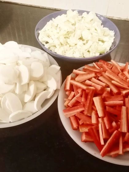 Freshly chopped cauliflower, turnip, and carrots for our seasonal Gobhi Gajar Shalgam pickle. We always use the freshest ingredients.