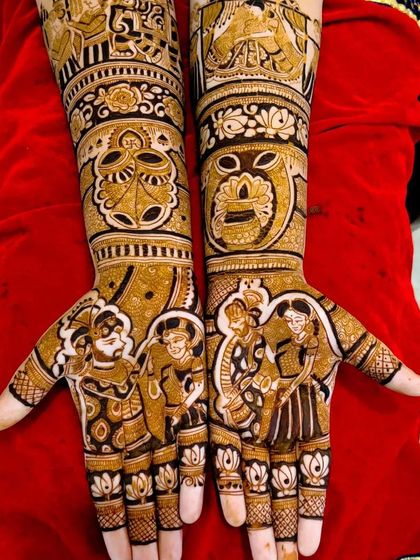 This design features a playful scene of the couple, with the groom lifting the bride, surrounded by traditional symbols and patterns.