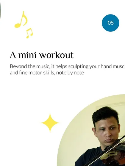 Playing the violin is a mini workout. It helps sculpt hand muscles and develops fine motor skills, improving coordination and dexterity note by note.